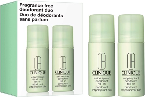 Twee verpakkingen van Clinique geurvrije deodorantsticks in lichtgroene verpakking, één kleiner en één groter, met tekst in het Engels en Frans.