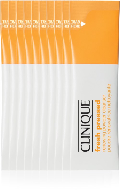 Clinique Fresh Pressed -pölypesu, keltainen ja valkoinen muotoilu, ohje repäistä yläosa ja tuotetiedot.