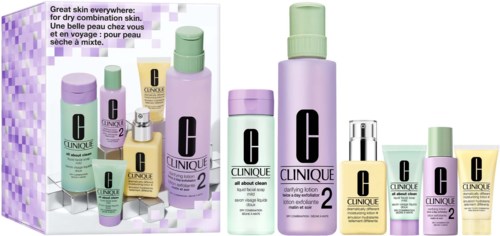 A collection of Clinique skincare bottles and jars in pastel purple, green, and yellow, with a Clinique logo. A background with some text.