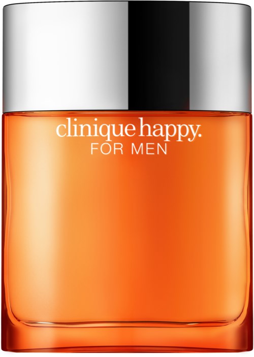 butelka perfum Clinique Happy for Men z pomarańczową cieczą i srebrnym kapselkiem.