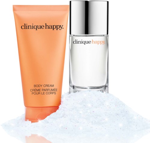 A bottle and a tube of Clinique Happy body cream with white bath salts or powder.