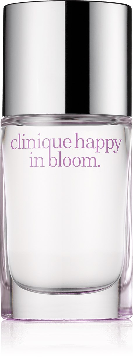En gjennomsiktig flaske med sølvkork, rosa tekst sier "Clinique Happy in Bloom," inneholder en duft eller kosmetisk produkt.