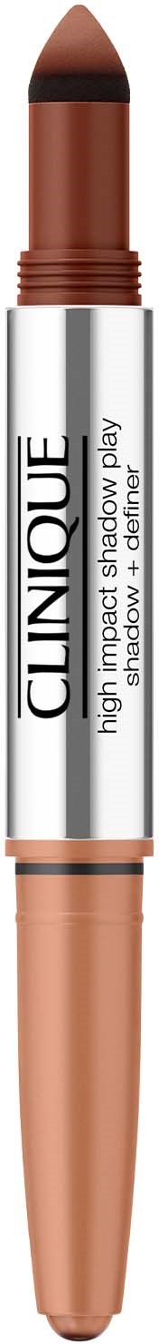 En Clinique high impact shadow play-stav med brunt färg, vit etikett och metallguld spets.