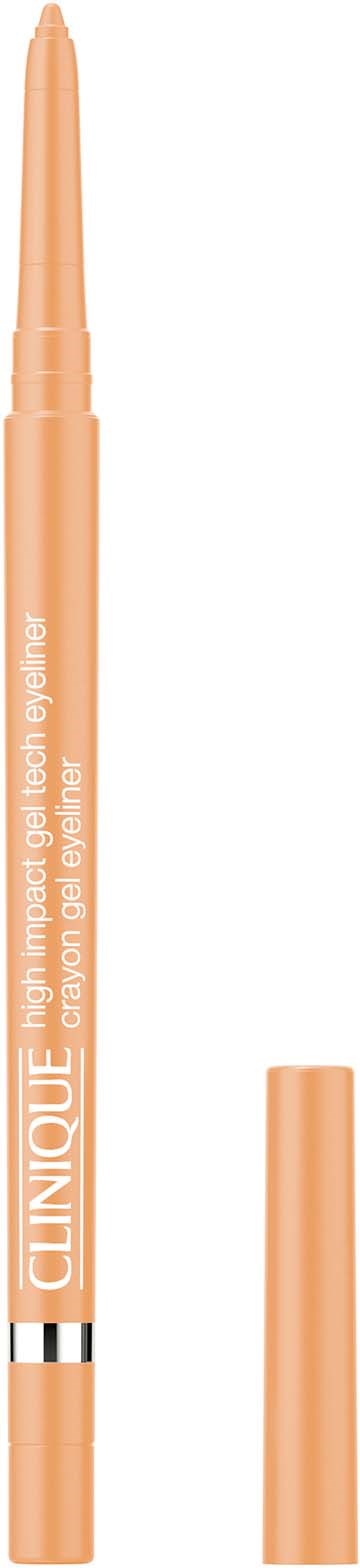 En persikfärgad penna med kork, märkt Clinique för ögon gel serum, står upprätt med korken bredvid.