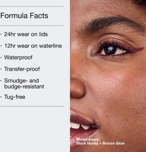 En kvinna med naturlig makeup visar sin ögon- och kinddel, bredvid en lista över produktfördelar.