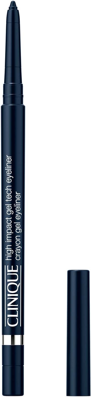 En blå ögonlinjepenna med CG-logga och vit text, med tackan borttagen som visar spetsen.