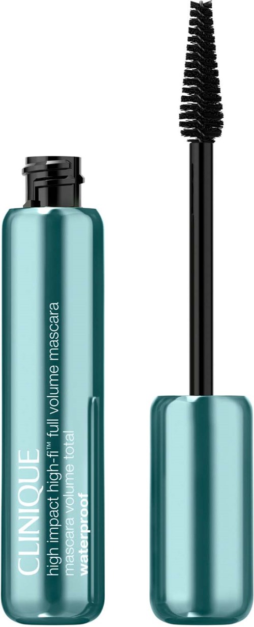 Eine türkisblaue Clinique-Mascara mit der Bürste daneben, die die Bürste und die Tube zeigt.