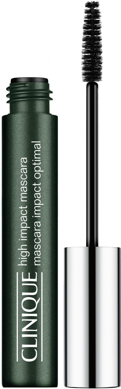 En grön mascara-kräm med en svart borste som vilar bredvid, märkt 'Clinique high impact mascara' i vitt text.