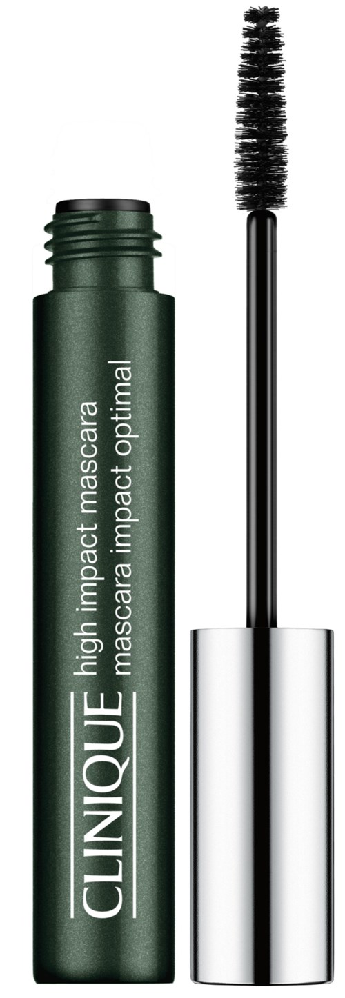 En grön tub med Clinique-mascara med borsten bredvid, med svart mascara på borsten.