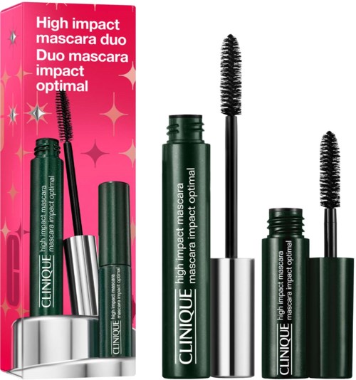 Two mascara tubes with brushes next to a pink box. The box has text about mascara impact and quality.