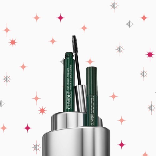 A Clinique mascara tube with the wand partially out, set against a background of pink, silver, and gray stars.