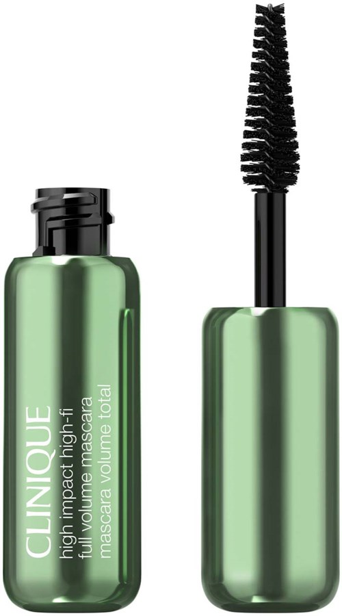 En grön flaska med Clinique mascara med borsten utbyggd.