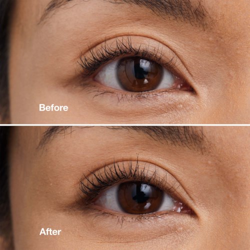 Close-up van een bruine iris, toont wimperverlenging vóór en na. Duidelijke huid rond het oog.