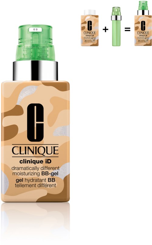 En Clinique BB-gel flaske med camouflage-mønster, grøn pumpe, og en diagram der vises blanding med andre hudplejeprodukter.