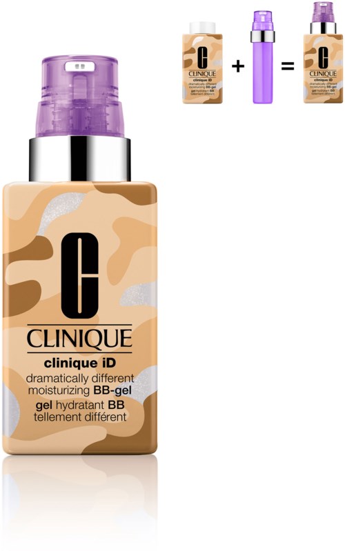 En Clinique BB-gel med kamouflage-design, lila lock och en liten diagram som visar en droppe och flaska.