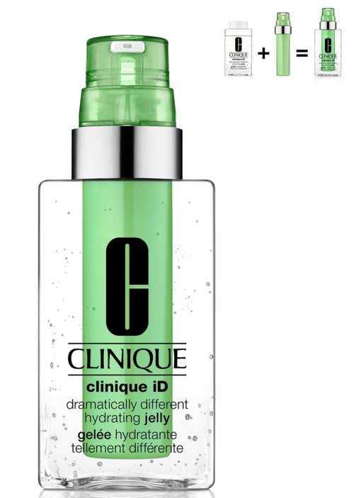 Clinique iD hydrating jelly in a clear bottle with a green pump, designed to hydrate skin, shown with a smaller lotion image.