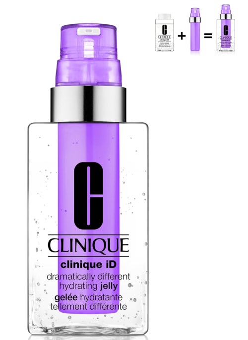 Eine klare Flasche mit lila Gel, beschriftet Clinique iD, mit lila Pumpe und silberner Oberseite, und eine Abbildung der Formel.