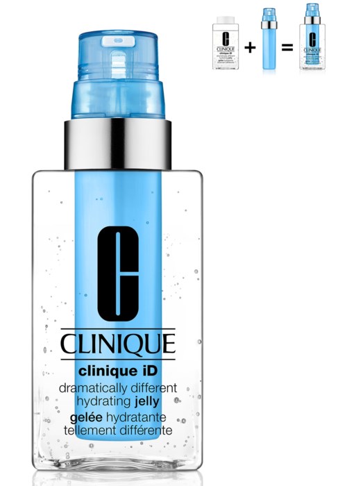 A Clinique product with a pump bottle, shown with a small illustration of a white bottle and blue ampoule, indicating mixing.
