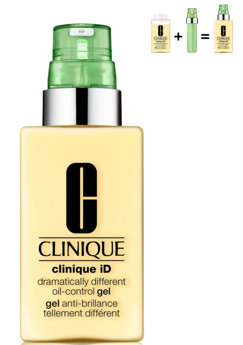 En flaske Clinique iD oliekontrol gel med grøn pumpe og en lille diagram, der viser hvordan man blander to flasker.