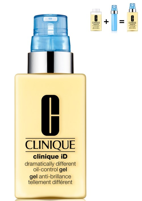 En flaske Clinique ID oljekontrollerende gel med blå lokk og hvit kropp, viser produktnavn og beskrivelse.