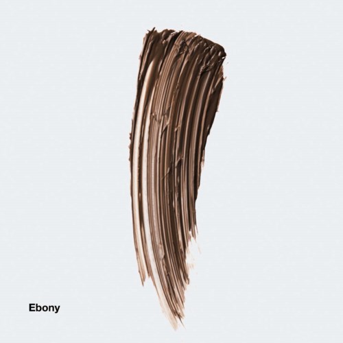 En penseldrag av glänsande, mörkbrun färg kallad ebony på en vit bakgrund.