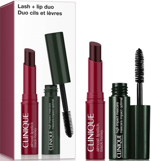 Clinique Lash and Lip Duo met een rode lippenstift en zwarte mascara in een groen tube.