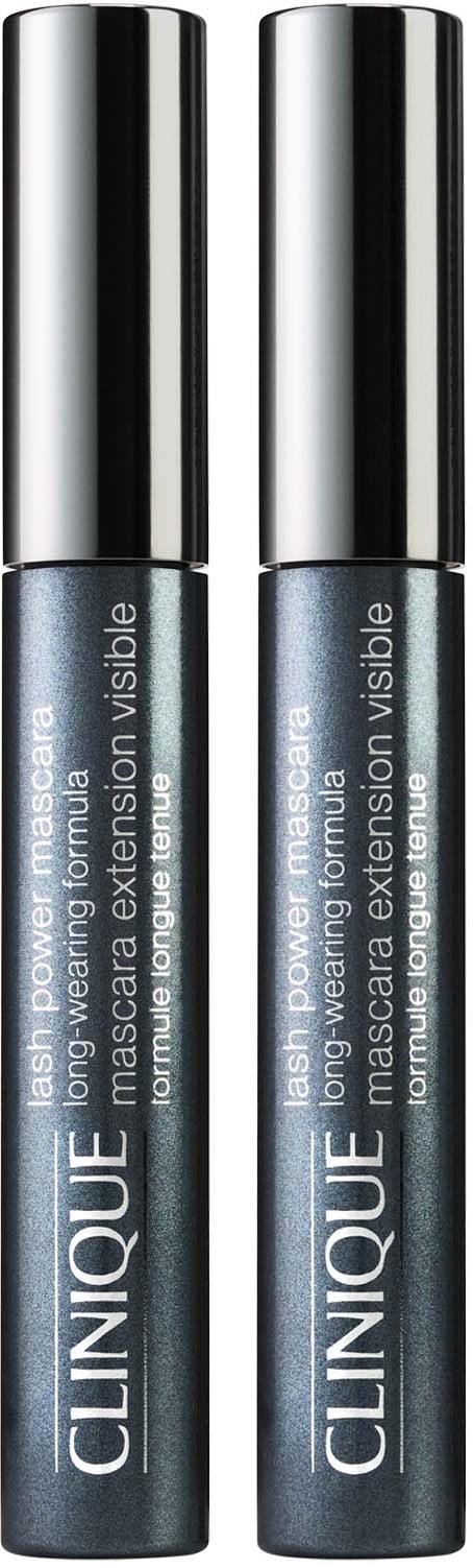 Zwei Tuben Clinique Mascara mit silbernen Kappen und dunkelblauer Verpackung.