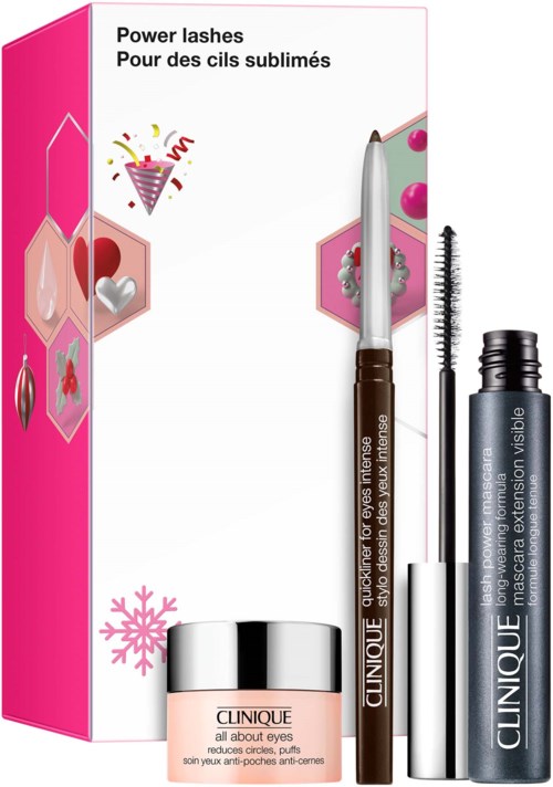 En eske med Clinique øyesminkeprodukter, inkludert eyeliner, mascara og en liten krukke med øyekrem.