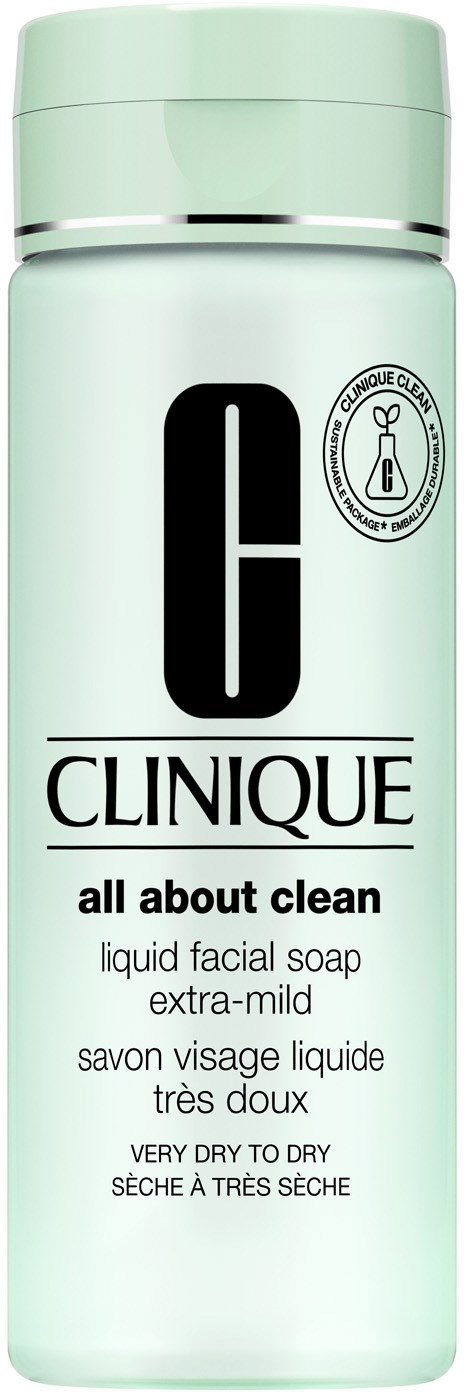 En ljusgrön flaska med Clinique ansiktstvål, svart och vitt text, och en logo upptill.