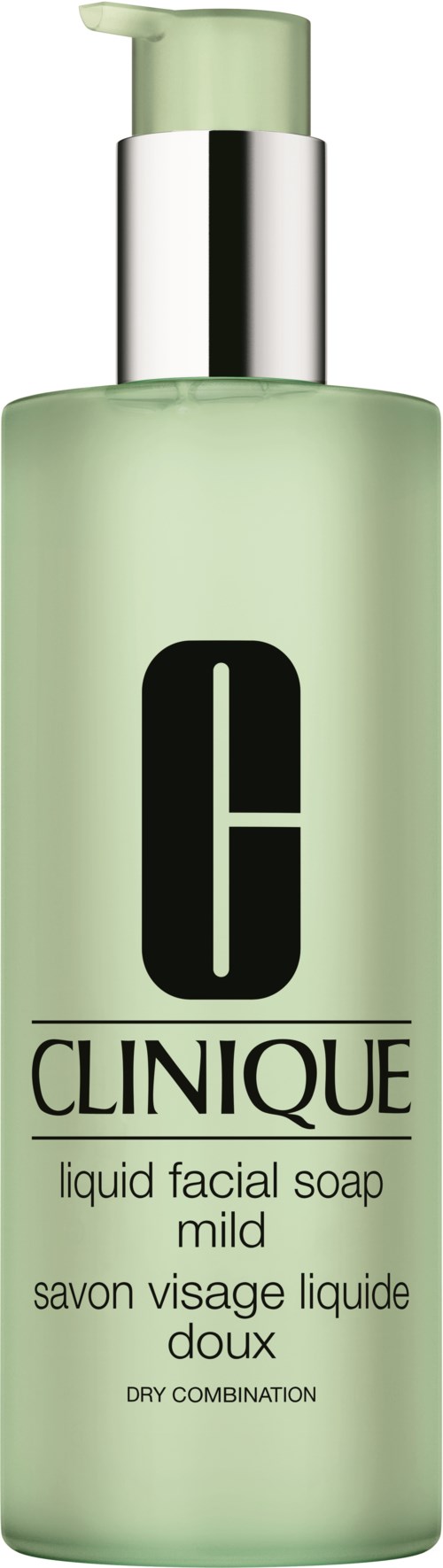 Eine hellgrüne Flasche Clinique flüssige Gesichtsseife für trockene Haut, mit Pumpe.