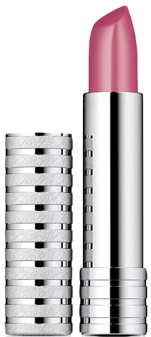 Ett rosa läppstift i ett glänsande silverfodral, med lock borttaget och visar läppstiftet.