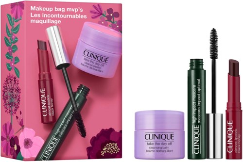 Ett Clinique sminkset med läppglans, mascara, läppbalsam och en rosa presentförpackning med blommor.