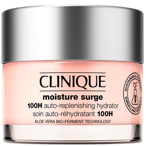 En ljusrosa burk med silverlock, märkt Clinique moisture surge 100H auto-replenishing hydratant.