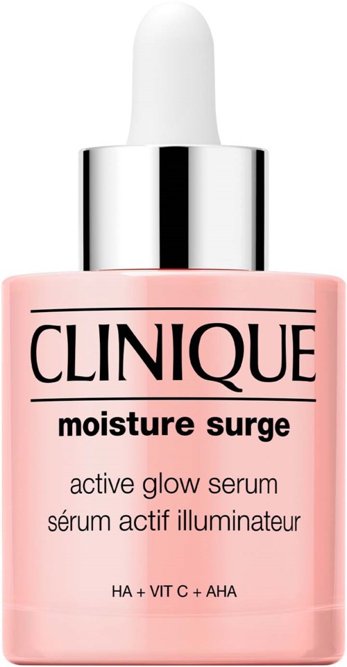 Vaaleanpunainen pullo tipulla, merkintä Clinique Moisture Surge aktiivinen hehkuhoitogeeli.