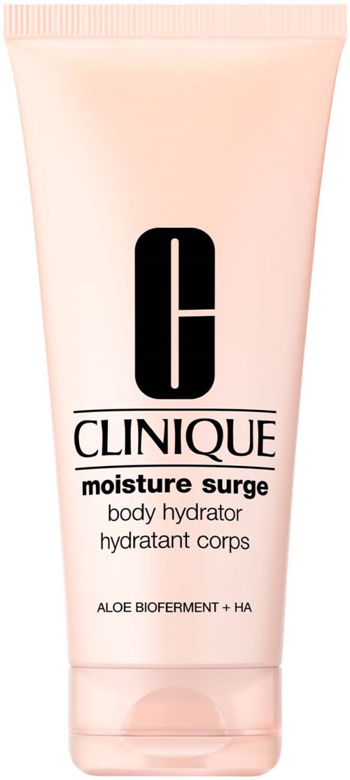 En rosa tub med Clinique Moisture Surge kroppsdrycker med Aloe Bioferment och HA.