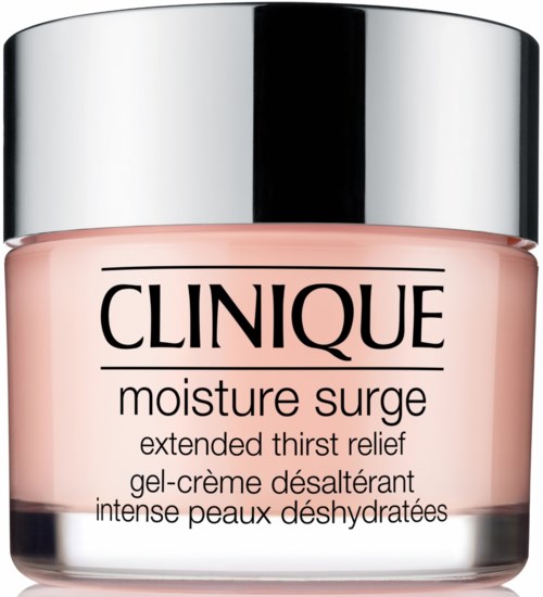 En burk med Clinique Moisture Surge, en hudvårdsprodukt för intensiv återfuktning och törstlindring.