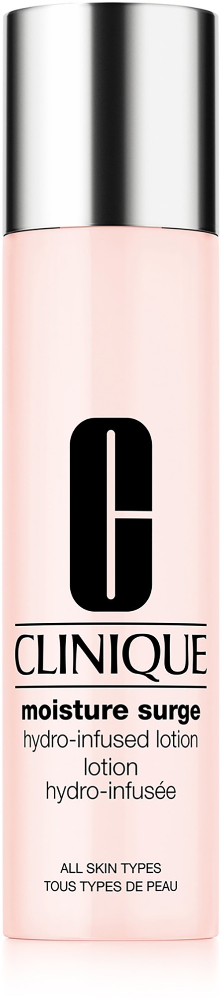 En rosa flaske med sølvkapset merket Clinique Moisture Surge, en fuktighetsgivende ansiktslotion for alle hudtyper.