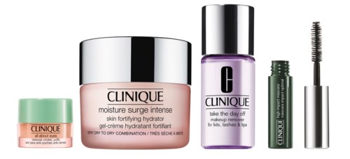 Olika Clinique hudvårds- och makeupprodukter inklusive fuktighetskräm, makeupremover för ögon och läppar, och mascara.