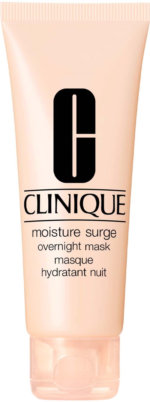 En rosa tub märkt 'Clinique Moisture Surge Overnight Mask' med svart och vitt text.