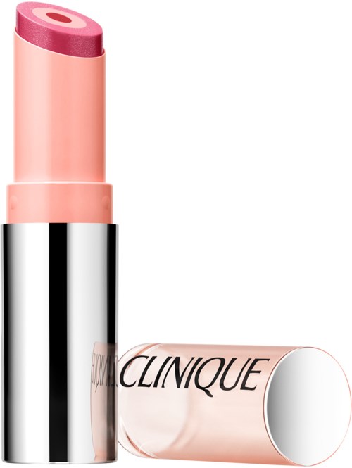 A pink lipstick with a shiny silver and pink case, lying on its side. The label says "Clinique."