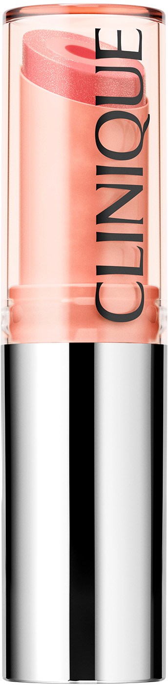 Ett rosa läppstift i ett silverfodral med märket Clinique på sidan.