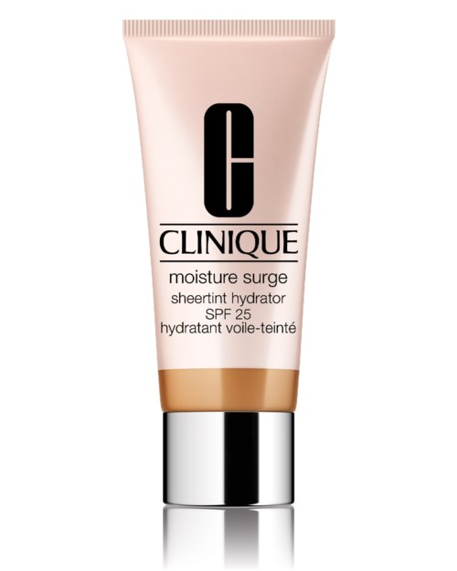 Clinique kosteusvoide vaaleanpunaisessa putkissa, jossa on hopeinen korkki, merkitty 'moisture surge' ja SPF 25.