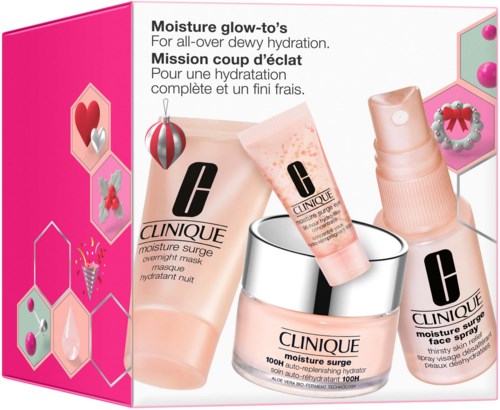 A skincare gift set with moisturizing products from Clinique, including masks and sprays in pink and beige packaging.