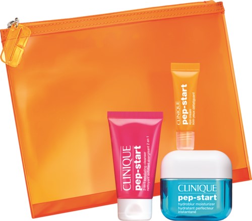 To hudpleieprodukter og en oransje gjennomsiktig bag, alle merket Clinique Pep-Start, er vist.