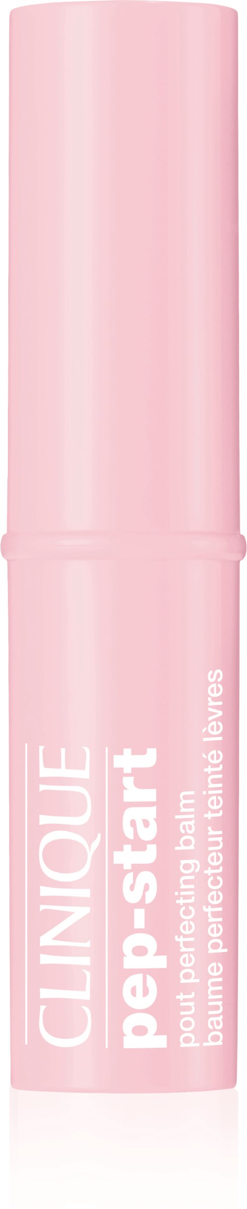 Pink leppepomadestift med hvit tekst som nevner Clinique Pep-Start og fuktighetsgivende behandling.