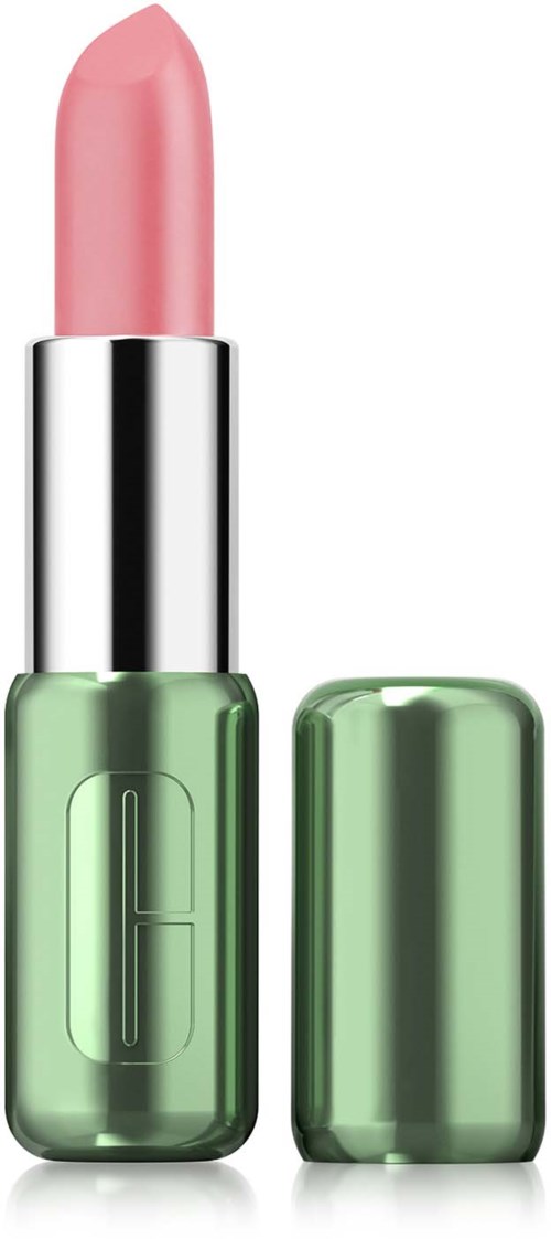 A pink lipstick in a green and silver case with the cap removed.