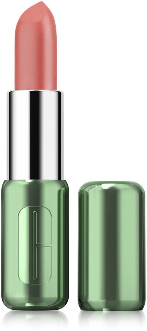 A lipstick with a pink color in a green case, with the case cap removed and placed beside it.