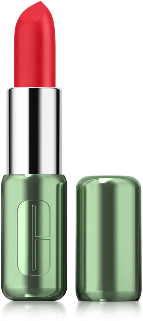 A green lipstick tube with a red lipstick inside, and the cap beside it.