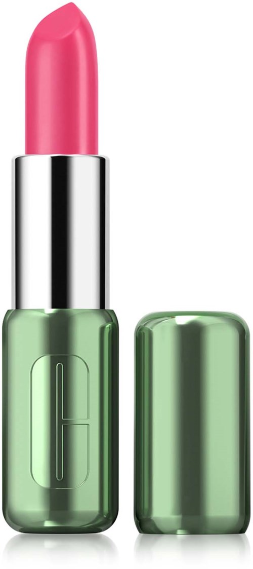 A pink lipstick in a green tube with a cap, standing upright.