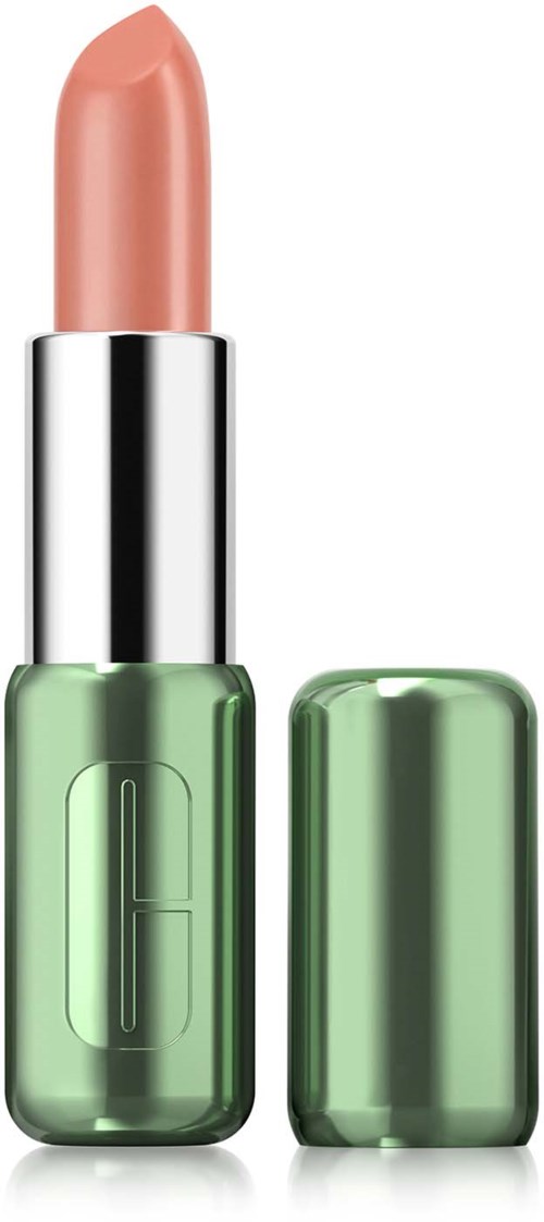 A lipstick in a green case with a beige lipstick inside, open with the cap beside it.